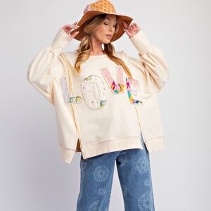 LOVE Appliqué Cream Pullover Sweatshirt